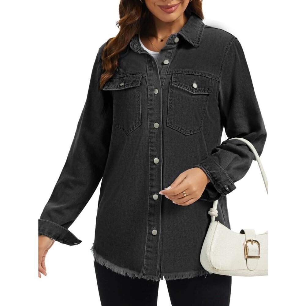 Women's Oversized Jean Jacket  Long Sleeve Denim Distressed Frayed Hem Black - Picture 6 of 6